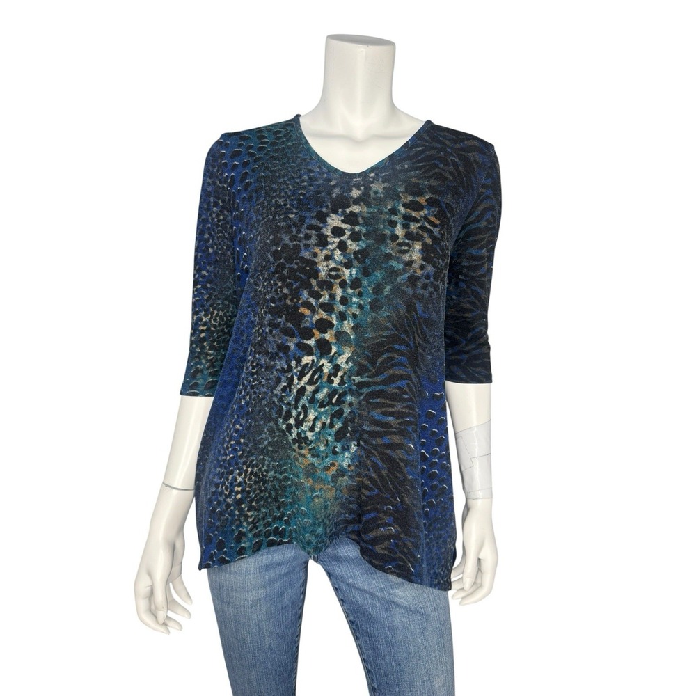Clara Sun Woo Tunic Top Size S Knit 3/4 Sleeves Side Slits Animal Print Casual